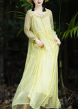 Momentlover Women Yellow V Neck Patchwork Chiffon Vacation Long Dresses Spring LY1797