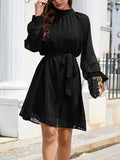 Momentlover Split-Joint Solid Color Belted Loose Round-neck Mini Dresses