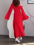 Momentlover Flared Sleeves Asymmetric Buttoned Hollow Solid Color Zipper Cold Shoulder Evening Dresses Maxi Dresses