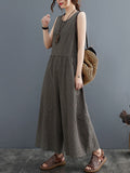 Momentlover Split-Joint Plaid Sleeveless Loose Round-neck Jumpsuits