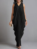 Momentlover Loose Sleeveless Pleated Solid Color V-Neck Maxi Dresses