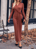 Momentlover Solid Color Bowknot Long Sleeves Bodycon V-neck Maxi Dresses