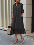 Momentlover A-Line Long Sleeves Pleated Solid Color Lapel Collar Midi Dresses