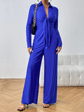 Momentlover Solid Color Knot Elasticity Wide Leg High Waisted Deep V-Neck Jumpsuits