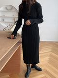 Momentlover Simple Long Sleeves Black Split-Joint Elasticity Waist Pleated Midi Dress