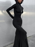 Momentlover Split-Joint Solid Color Long Sleeves Bodycon High Neck Maxi Dresses