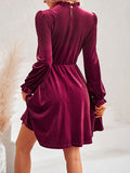 Momentlover Velvet Solid Color Ruffled Hollow Ruffle Sleeves Loose Mock Neck Mini Dresses