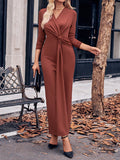 Momentlover Solid Color Bowknot Long Sleeves Bodycon V-neck Maxi Dresses