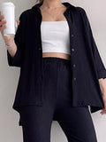 Momentlover Solid Color Split-Side Lapel High-Low Buttoned Blouses Top+ High Waisted Elasticity Pants Two Pieces Set