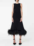 Momentlover Simple Sleeveless Loose Feathers Solid Color Midi Dresses