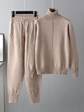 Momentlover Casual Solid Long Sleeves High-Neck Sweater Tops & Drawstring Wide Leg Pants Suits