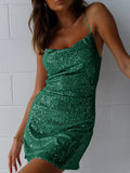 Momentlover Solid Color Sequined Back Cross Sleeveless Skinny Spaghetti-Neck Mini Dresses