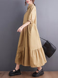 Momentlover Simple Half Sleeves Loose Solid Color Lapel Collar Midi Dresses