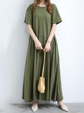 Momentlover Simple Loose Short Sleeves Solid Color Round-Neck Maxi Dresses