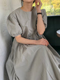 Momentlover Original Loose Solid Color Pleated Puff Sleeves Midi Dress