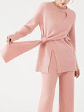 Momentlover Solid Color Loose Asymmetric Split-Front Round-Neck Long Sleeves Sweater Top + Pants Bottom Two Pieces Set