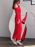 Momentlover Flared Sleeves Asymmetric Buttoned Hollow Solid Color Zipper Cold Shoulder Evening Dresses Maxi Dresses