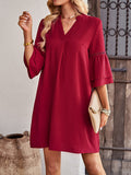 Momentlover Split-Joint Solid Color Hollow Three-Quarter Sleeves Loose V-Neck Mini Dresses