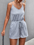 Momentlover Solid Color Pockets Drawstring Sleeveless Loose V-Neck Rompers