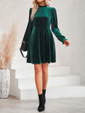 Momentlover Velvet Solid Color Ruffled Hollow Ruffle Sleeves Loose Mock Neck Mini Dresses