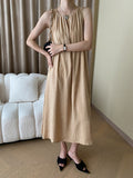 Momentlover Solid Color Pleated Sleeveless Loose Round-Neck Midi Dresses