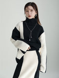 Momentlover Casual Loose Long Sleeves Contrast Color High-Neck Sweater Top&Skirt Two Pieces Set