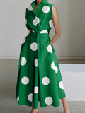 Momentlover Sleeveless Polka Dot Lapel Midi Dresses