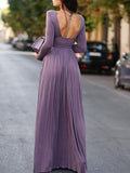 Momentlover Long Sleeves Backless No Body Chain Pleated Solid Color Tied Waist Maxi Dresses