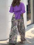 Momentlover Wide Leg Bandage Bowknot Floral Printed Pockets Shirts Tops&Pants Suits