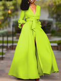 Momentlover Puff Long Sleeves Buttoned Solid Color Deep V-Neck Maxi Shirt Dresses