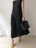 Momentlover Tiered Split-Joint Solid Color Ruffled Pleated Buttoned Sleeveless Loose Stand Collar Midi Dresses