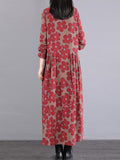 Momentlover Casual Long Sleeves Loose Floral Printed Round-Neck Midi Dresses