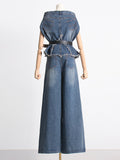 Momentlover Boat Neck Loose Sleeveless Belted Buttoned Fringed Pockets Vest Top + Pants Bottom Two Pieces Set