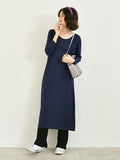 Momentlover Simple Long Sleeves Loose Solid Color Round-Neck Midi Dresses