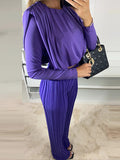 Momentlover Solid Color Long Sleeves Elasticity Pleated Round-Neck Shirts Top + High Waisted Pants Bottom Two Pieces Set