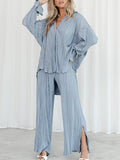 Momentlover Drawstring Pleated Flared Sleeves Long Sleeves Buttoned Solid Color Split-Side Lapel Shirts Top + Pants Bottom Pajama Sets