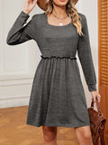 Momentlover Solid Color Pleated Loose Long Sleeves Square-Neck Mini Dresses