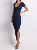 Momentlover Split-side Solid Color Skinny Short Sleeves Round-neck Midi Dresses