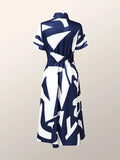 Momentlover Short Sleeves Printed Lapel Maxi Dresses