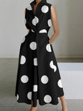 Momentlover Sleeveless Polka Dot Lapel Midi Dresses