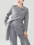 Momentlover Solid Color Loose Asymmetric Split-Front Round-Neck Long Sleeves Sweater Top + Pants Bottom Two Pieces Set