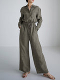 Momentlover Urban Linen Drawstring Elastic Waisted Wide Leg Long Sleeves Jumpsuits