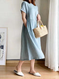 Momentlover Casual Loose Solid Color Round-Neck Midi Dresses