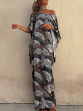 Momentlover Printed Pleated Contrast Color Batwing Sleeves Maxi Dresses