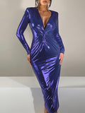 Momentlover Split-Joint Solid Color Shiny Pleated Long Sleeves Bodycon V-Neck Midi Dresses