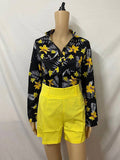 Momentlover Deep V-Neck Long Sleeves Buttoned Flower Print Shirts Top +Belted Shorts BottomTwo Pieces Set