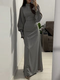 Momentlover Long Puff Sleeves Solid Color Round-Neck Maxi Dresses