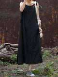 Momentlover Tied Waist Split-Joint Solid Color Drawstring Sleeveless Loose Round-Neck Midi Dresses