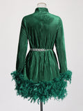 Momentlover Velvet Solid Color Feathers Chains Long Sleeves A-Line Stand Collar Mini Dresses