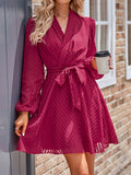 Momentlover Tied Waist Solid Color See-Through Long Sleeves A-Line V-Neck Mini Dresses